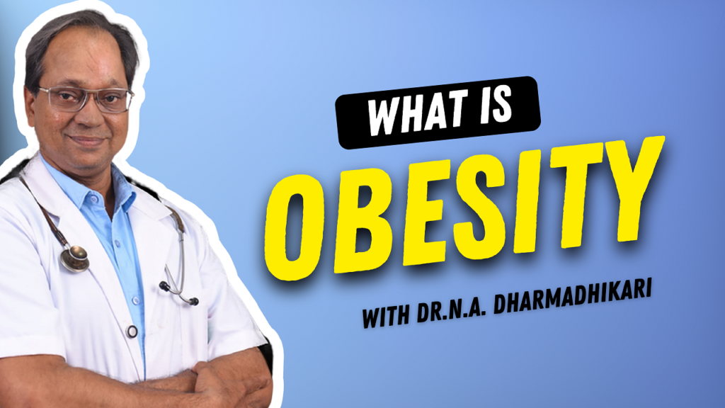 Obesity awareness infographic showing causes, effects, and prevention tips by Dr. N. A. Dharmadhikari Clinic