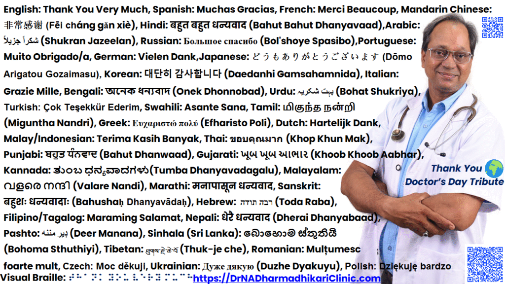 thank you very much doctors day drnadharmadhikariclinic com 2025 Image showing Dr. N A Dharmadhikari with “Thank You Very Much” translated into 37 languages, along with visual Braille and QR code linking to his clinic’s megablog as a Doctor’s Day tribute.
