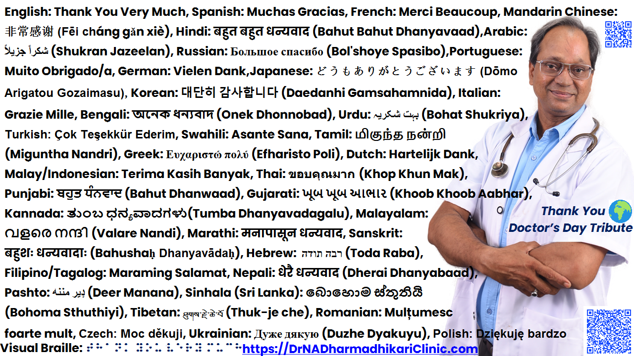 thank you very much doctors day drnadharmadhikariclinic com 2025 Image showing Dr. N A Dharmadhikari with “Thank You Very Much” translated into 37 languages, along with visual Braille and QR code linking to his clinic’s megablog as a Doctor’s Day tribute.