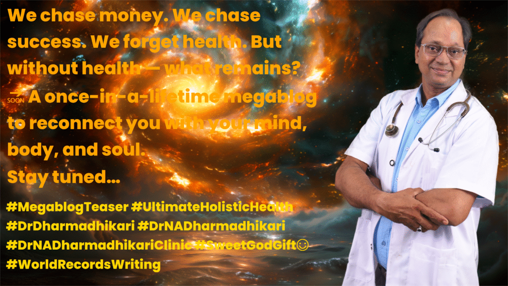 3 We chase money We chase success. We forget health But without health — what remains A calm doctor stands against a fiery cosmic galaxy background. Large text reads: “We chase money, success… but without health, what remains?” Promising a once-in-a-lifetime megablog that reconnects mind, body, and soul. एक डॉक्टर ब्रह्मांडीय ऊर्जा की पृष्ठभूमि के सामने खड़े हैं। संदेश में लिखा है: “हम धन और सफलता के पीछे भागते हैं, लेकिन स्वास्थ्य के बिना क्या बचता है?” एक विशेष ब्लॉग की घोषणा की गई है जो शरीर, मन और आत्मा को फिर से जोड़ता है।
