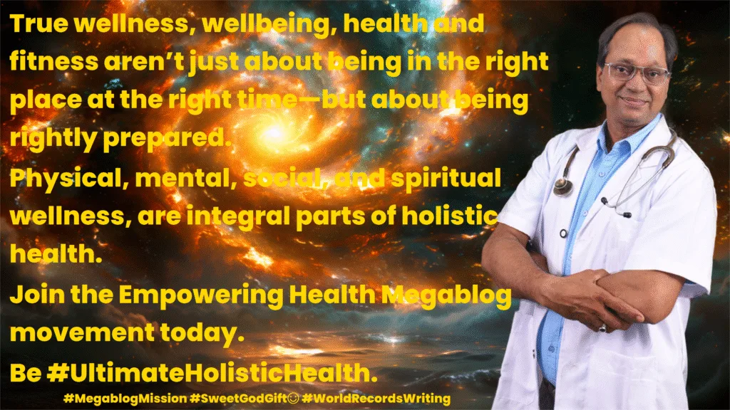 7 True wellness wellbeing health and fitness arent just about being in the right place at the right time but about being rightly prepared True wellness, wellbeing, health and fitness aren’t just about being at the right place at the right time—it’s about being rightly prepared. Galaxy background with doctor image and quote on holistic health.