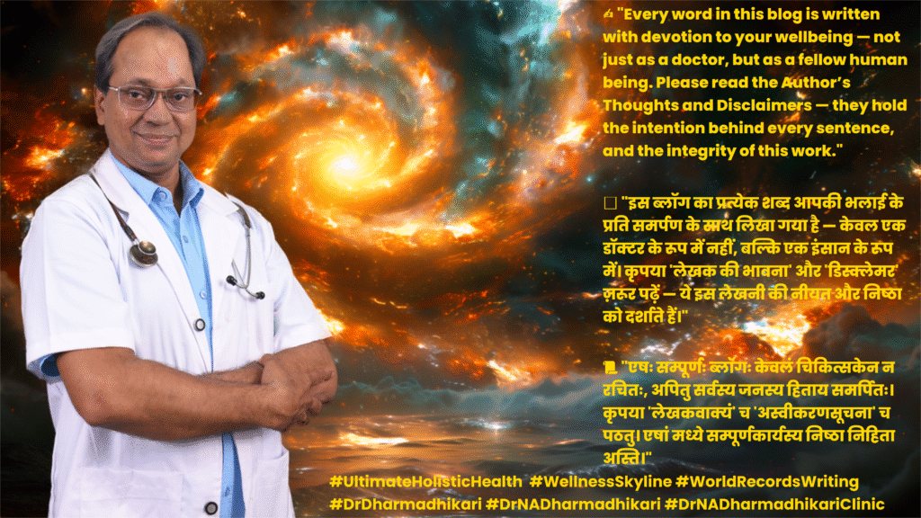9 A Promise to the Reader – English Hindi Sanskrit Megablog Integrity Note This Megablog is more than knowledge — it's a vow to your wellbeing. Written not just by a doctor, but by a human who cares. Please read the Author’s Thoughts and Disclaimers — they reveal the heart behind the healing. यह ब्लॉग केवल जानकारी नहीं, आपके कल्याण की एक शपथ है — एक डॉक्टर नहीं, एक इंसान के रूप में लिखी गई। कृपया लेखक की भावना और डिस्क्लेमर ज़रूर पढ़ें — यही इसकी आत्मा है। एषः सम्पूर्णः लेखः न केवलं चिकित्सकस्य, किन्तु सहानुभूतिपूर्णस्य मानवस्य प्रतिज्ञा। कृपया ‘लेखकवाक्यानि’ च ‘अस्तिकरणसूचनां’ च पठत। अत्र हि कार्ये सत्यं च श्रद्धा च प्रतिष्ठिता।