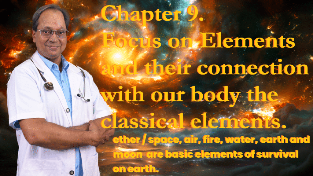 Chapter 9 Focus on Elements and their connection with our body the classical elements ether space air fire water earth and moon Elements like space, air, fire, water, and earth connected with human body and survival. शरीर और तत्वों का संबंध।