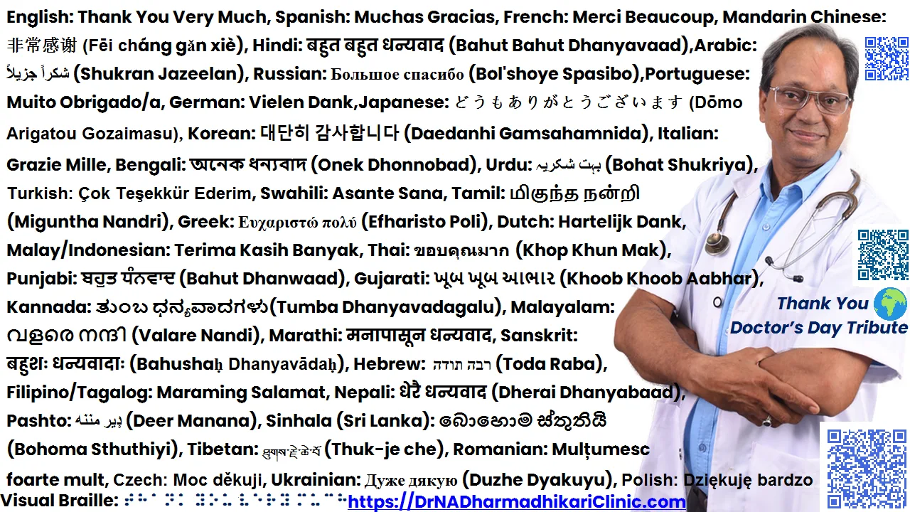 Image showing Dr. N A Dharmadhikari with “Thank You Very Much” translated into 37 languages, along with visual Braille and QR code linking to his clinic’s megablog as a Doctor’s Day tribute.