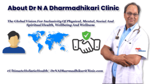 About Us template with Dr. N. A. Dharmadhikari’s photo, clinic logo, world map, and trust handshake icon.