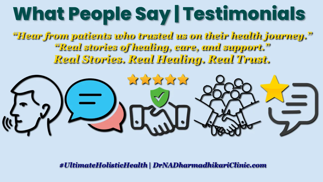 Testimonial banner with clinic theme, featuring motivational quotes about real patient stories, and healthcare icons for trust, feedback, and community.