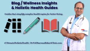 Blog section of Dr. N. A. Dharmadhikari Clinic titled "Wellness Insights & Holistic Health Guides" featuring Dr. Dharmadhikari, stethoscope, and health icons.