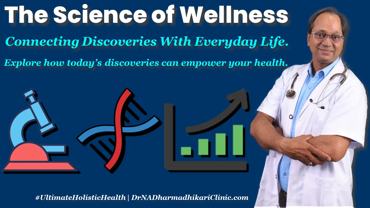 Medical research and wellness template with science icons and a doctor in a white coat.