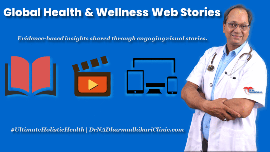 web stories health wellness dr n a dharmadhikari Doctor in apron with wellness icons — open book, film reel, and cross-platform devices — symbolizing evidence-based health education, scientific storytelling, and accessible preventive healthcare.