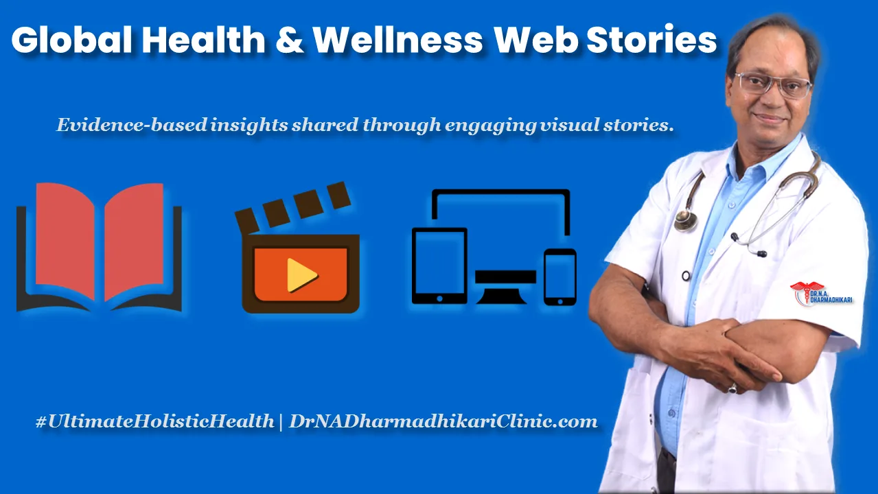 Doctor in apron with wellness icons — open book, film reel, and cross-platform devices — symbolizing evidence-based health education, scientific storytelling, and accessible preventive healthcare.