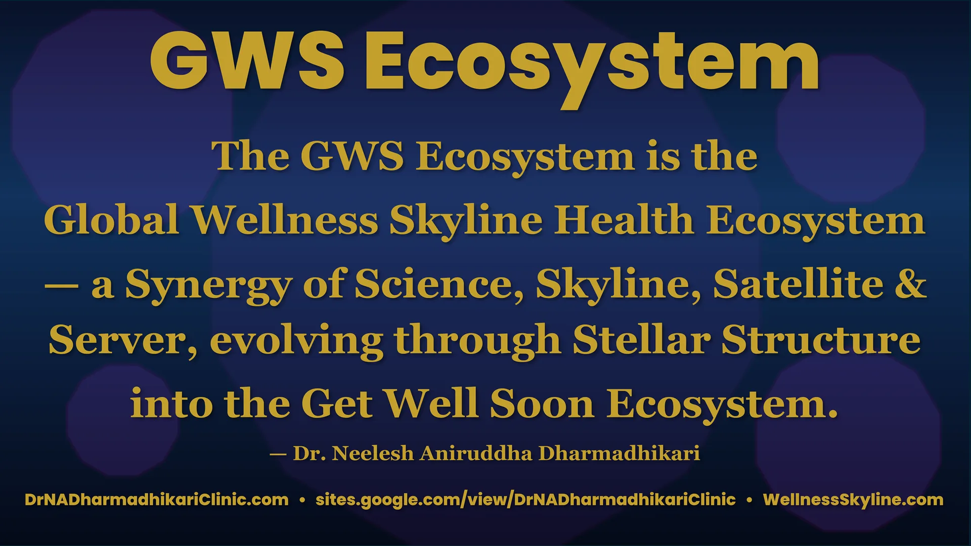 Visual declaration of the GWS (Global Wellness Skyline) Health Ecosystem integrating science, wellness, technology and stellar structure into a holistic “Get Well Soon” ecosystem framework by Dr Neelesh Aniruddha Dharmadhikari.