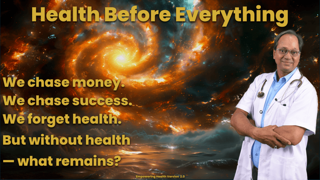 Reflective message asking whether health remains a priority amid the pursuit of money and success.