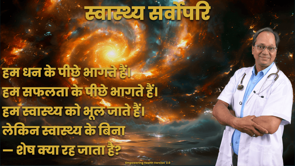 Hindi reflection emphasizing health as a priority above money and success.
