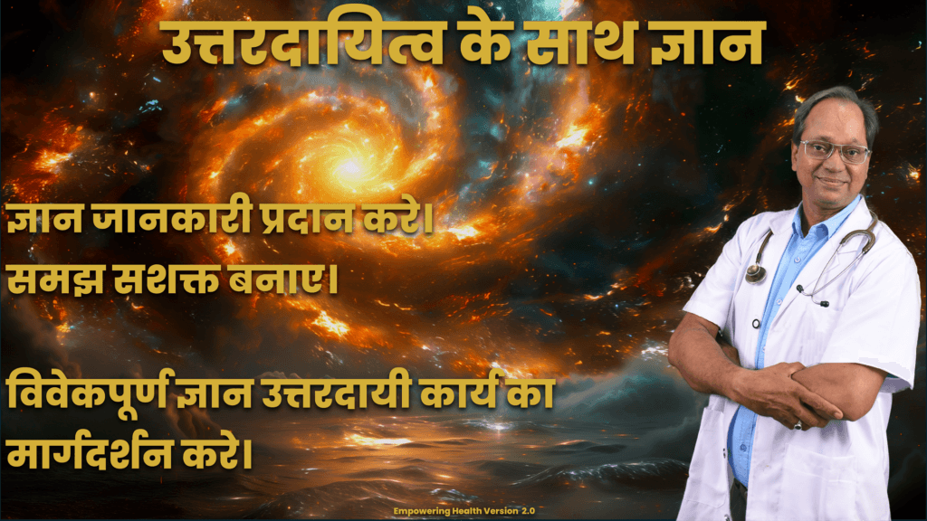 Hindi reflection connecting knowledge, understanding, wisdom and responsible action.