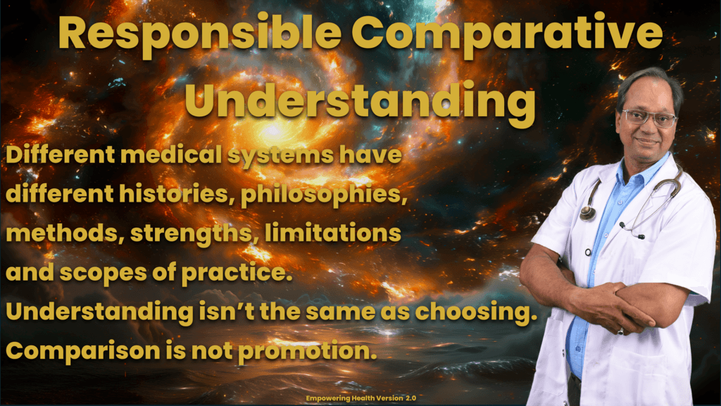 Reflection on responsible comparison of different medical systems and their histories, philosophies, methods and scopes.