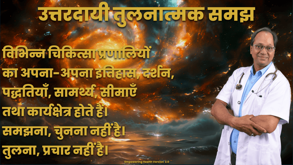 Hindi reflection emphasizing responsible and neutral comparative understanding of medical systems.