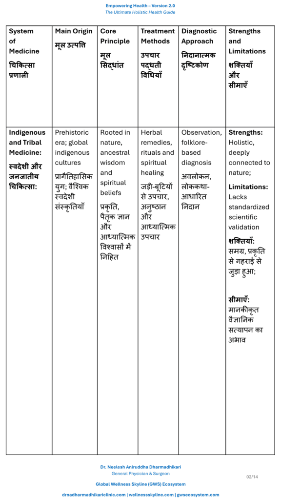 Comparison table describing Indigenous and Tribal Medicine, and its philosophy, diagnosis, treatment principles, evidence, strengths, limitations, and scope of practice.