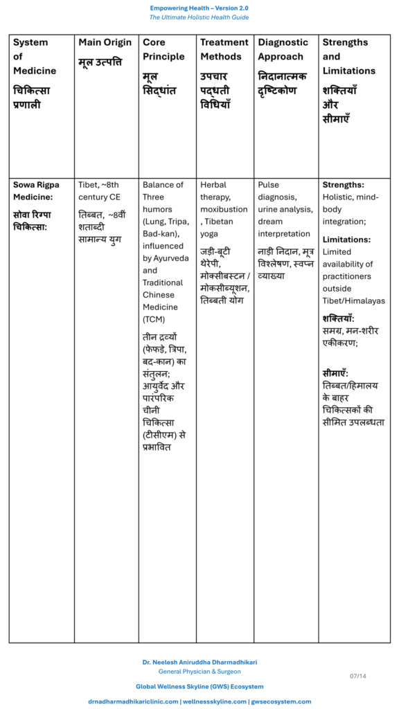 Comparison table describing Sowa Rigpa Medicine, and its philosophy, diagnosis, treatment principles, evidence, strengths, limitations, and scope of practice.