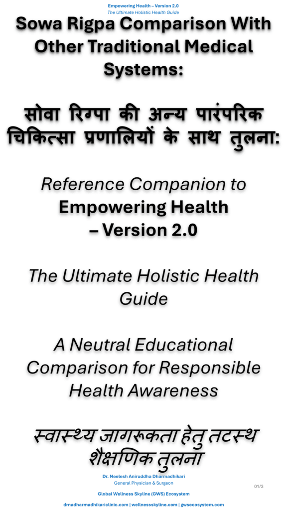 Comparative overview of Ayurveda, Traditional Chinese Medicine (TCM), and Sowa Rigpa, highlighting their origin, guiding philosophy, diagnostic principles, therapeutic approaches, and key characteristics as recognized traditional systems of medicine.