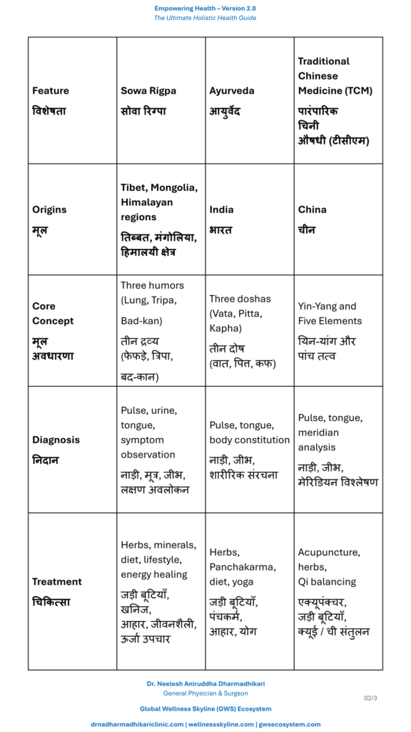 Comparison table describing Sowa Rigpa, including its origin, philosophy, diagnostic principles, therapeutic approach, strengths, limitations, scientific evidence, and scope of practice.