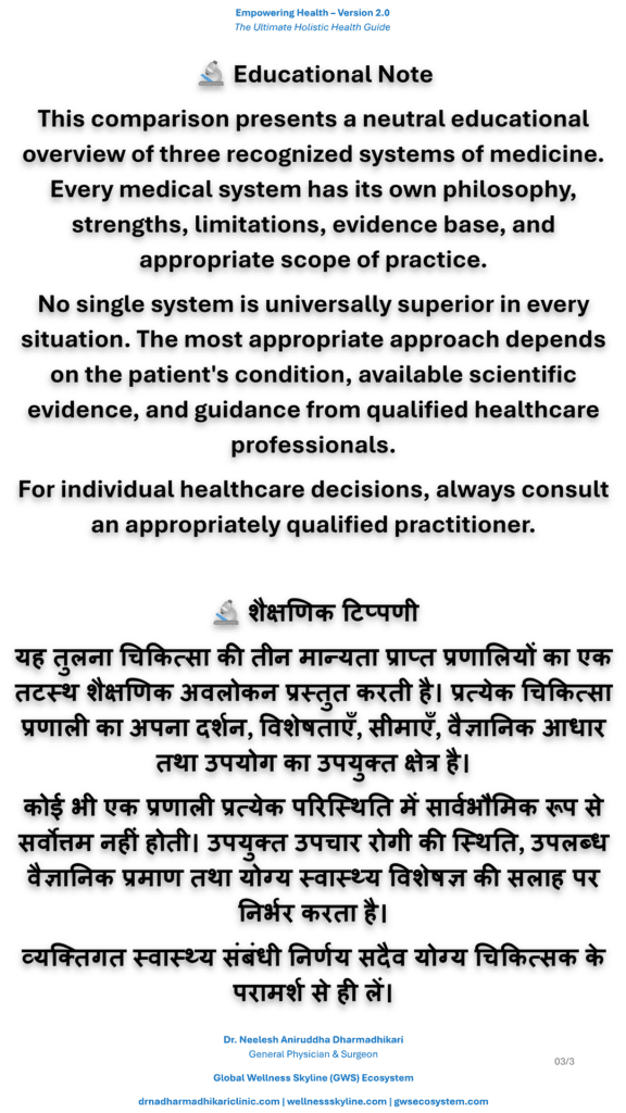 Educational note explaining the responsible interpretation of the comparative overview of recognized scientific systems of medicine, emphasizing neutrality, appropriate application, and informed healthcare decision-making.