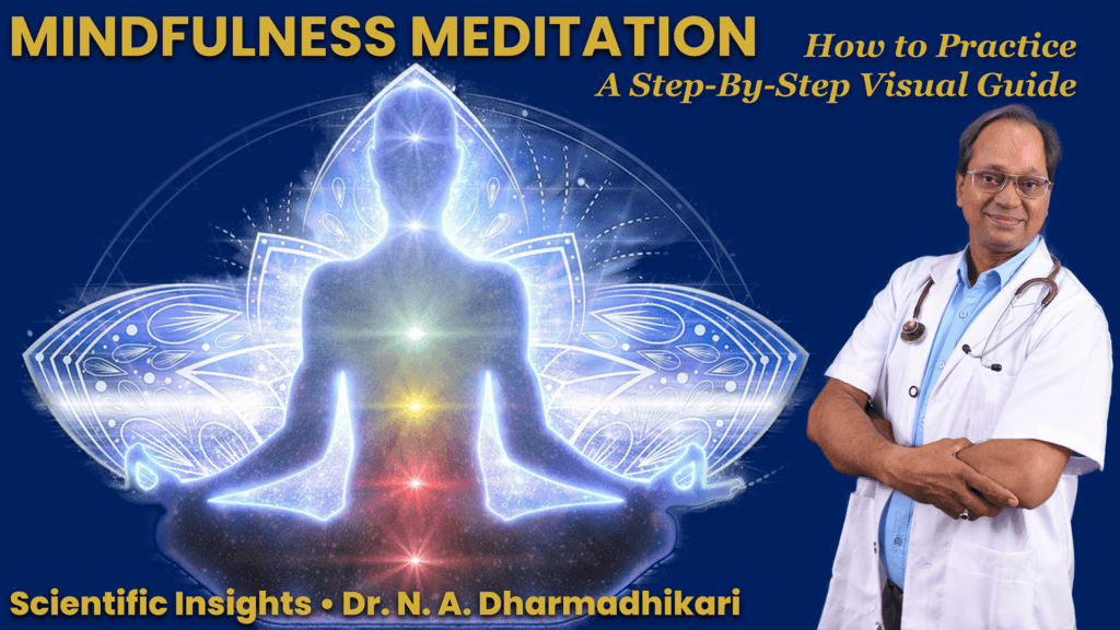 Mindfulness meditation video thumbnail featuring Dr. N. A. Dharmadhikari promoting calmness, awareness, and holistic health.