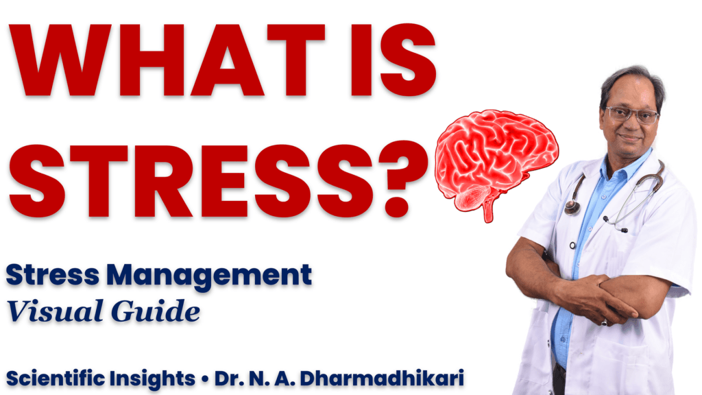 Stress management video thumbnail with Dr. N. A. Dharmadhikari promoting holistic health, wellness, and inner peace.