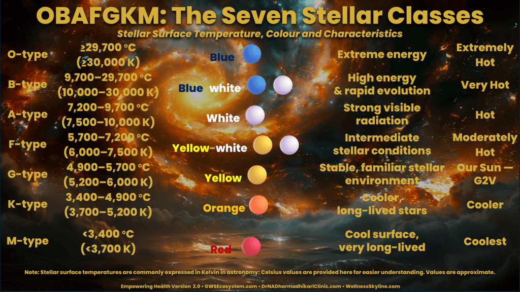 Comparison table of the seven OBAFGKM stellar classes, showing approximate surface temperatures in Celsius and Kelvin, stellar colours, energy characteristics and relative temperature descriptions from extremely hot O-type stars to coolest M-type stars.