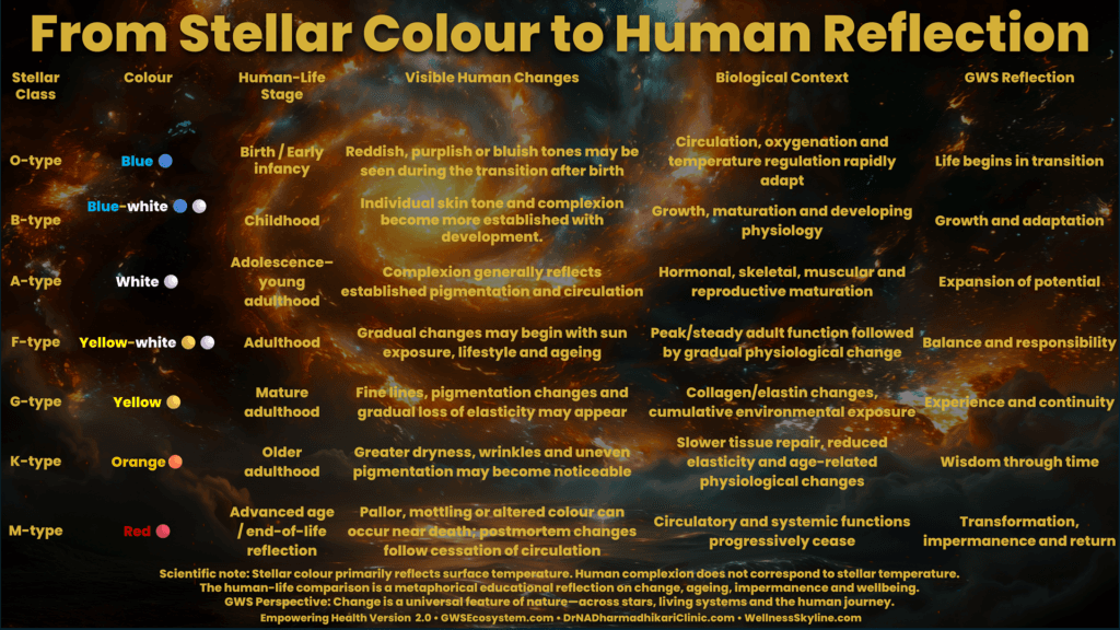 Conceptual comparison connecting the OBAFGKM stellar colour sequence with metaphorical stages of human life, visible complexion changes, biological ageing and GWS reflections on growth, maturity, impermanence and wellbeing.