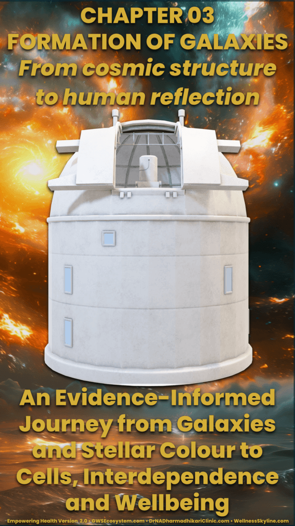Vertical vUHD exploratory edition of Chapter 03, presenting cosmic structure, the Milky Way, OBAFGKM stellar classification, human cells, and interdependence through selected 3D models and word-based animations.