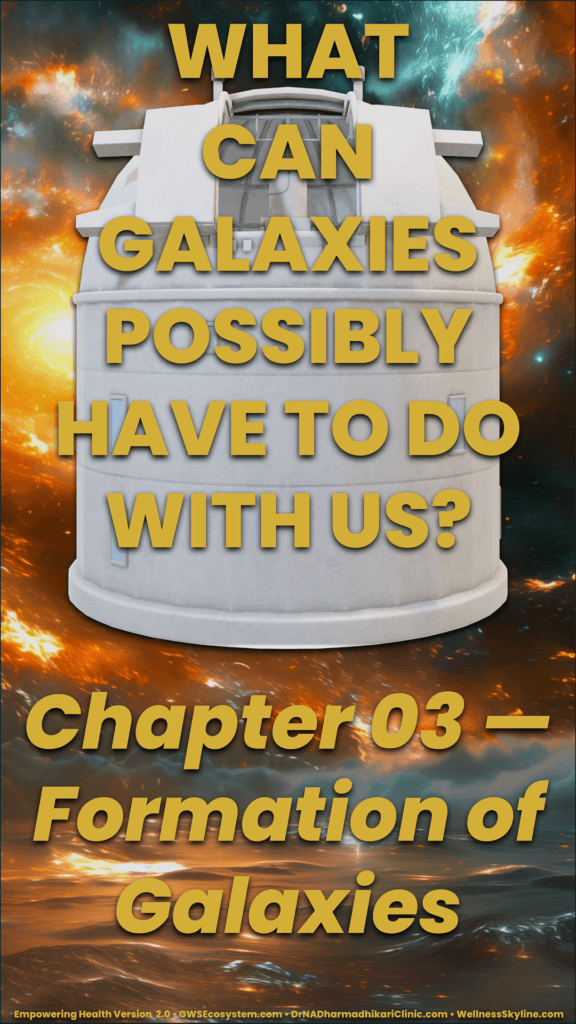 Chapter 03 teaser asking what galaxies may have to do with human health, wellbeing, stellar colour, and human cells.