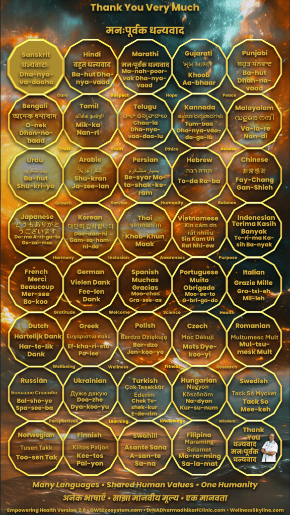 Vertical multilingual Thank You tribute featuring gratitude messages in 40 languages from Empowering Health Version 2.0.